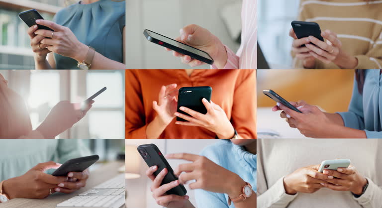 Collage, phone and hands for communication, typing and networking with internet, technology and network. Diversity, smartphone and people with email, chat and texting for conversation or connectivity