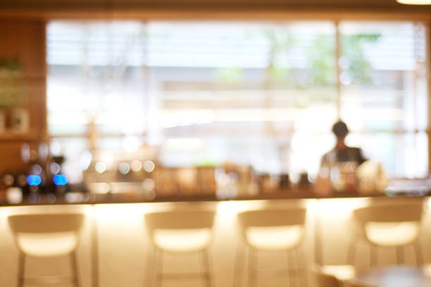Blurred background, Blur restaurant store with bokeh abstract light background, Blurry coffee shop cafe counter backdrop, banner, wallpaper, poster for food and drink business mockup, template