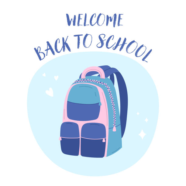 istock Back to school. Cute school backpack with welcome back to school text isolated on a white background. Suitable for banners, stickers, labels, decals 2166744643
