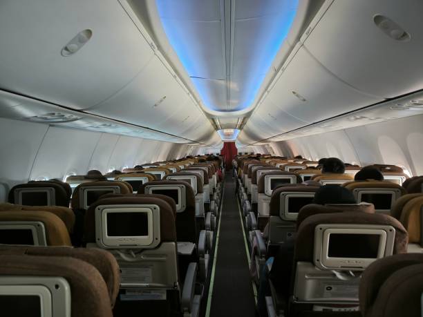 Riga, Latvia Dec 11, 2024 The empty interior cabin of a Ryanair plane