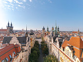 Aerial view of Parizska Street in Prague with Old Town square in the morning Czech Republic