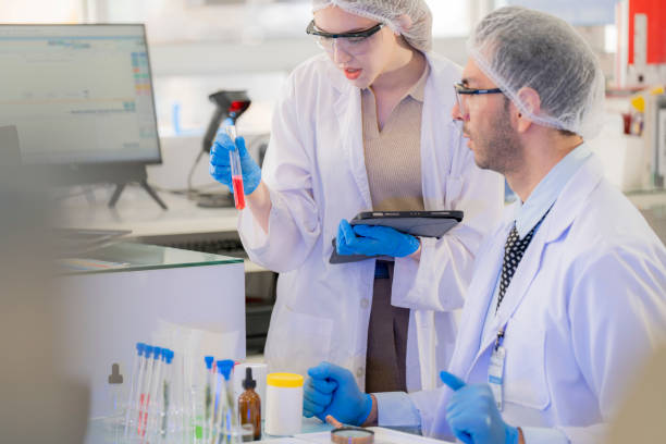 istock Scientists prepare for the experiment by wearing latex gloves. An experimenter arranges experimental equipment on a table with test tubes and chemicals for making drugs and biochemical for human. 2166756336