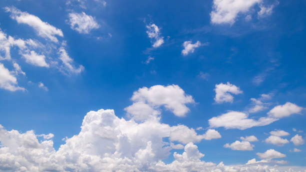 istock Panoramic view of clear blue sky and clouds, Blue sky background with tiny clouds. White fluffy clouds in the blue sky. Captivating stock photo featuring the mesmerizing beauty of the sky and clouds. 2166756377