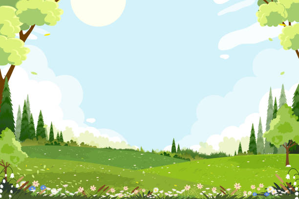 istock Landscape Spring garden in park with flower,grass field on hill with blue sky,cloud background for Easter banner,Horizon peaceful rural nature Sunny day Summer,Cartoon Vector illustration forest trees 2166757554