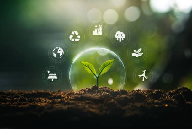 istock environment and natural treatment concept, bubbles protect plants in nature, and environment icons around bubbles 2166760506