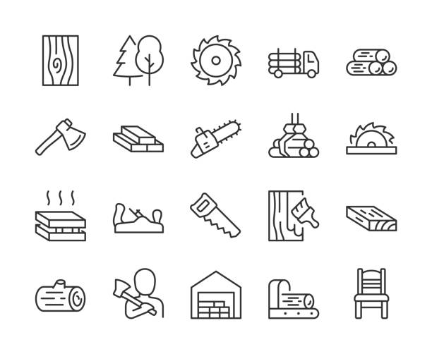 illustrazioni stock, clip art, cartoni animati e icone di tendenza di legname, set di icone. lavorazione del legno e prodotti in legno. taglio di alberi, trave, sega, camion di legname, tronco, boscaiolo, essiccazione, seghetto alternativo. industria del legno e carpenteria. linea con tratto modificabile - legname