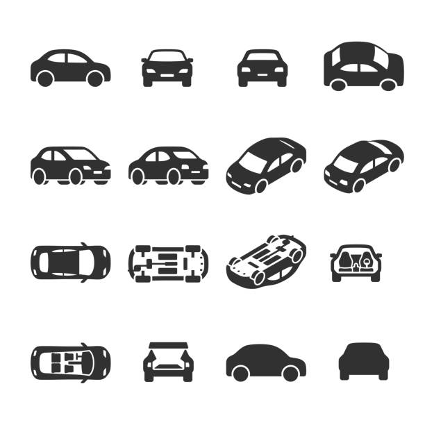 bildbanksillustrationer, clip art samt tecknat material och ikoner med car icon set. automobile from various sides, monochrome symbol. side, bottom, top, front view, isometric projection, interior of the car. black and white style - fordon på land