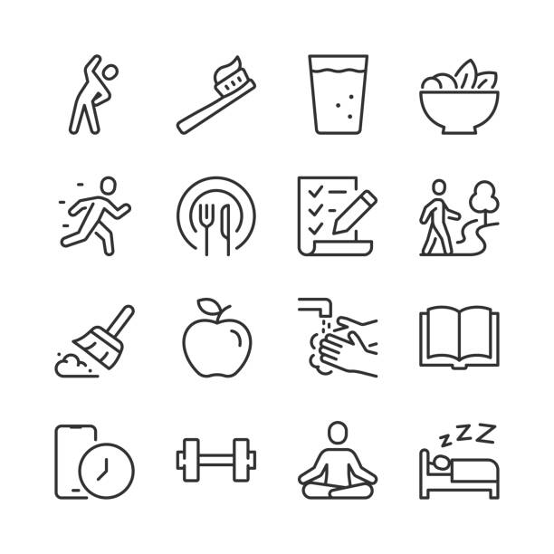 zdrowe nawyki dla dobrego samopoczucia, zestaw ikon. codzienne ikony liniowe zajęć wellness. poranne ćwiczenia, zdrowe odżywianie, higiena, aktywność na świeżym powietrzu i uważność. linia z edytowalnym obrysem - jeść stock illustrations