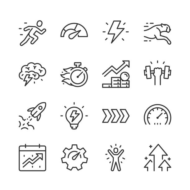 Performance, icon set. Maximizing Productivity and Efficiency. Strength and Speed. Line with editable stroke