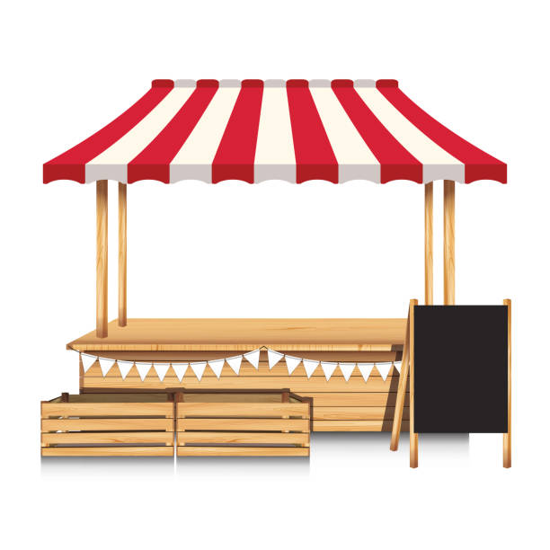 istock Market empty wooden stall with flags and chalk board on white background. 2166769615
