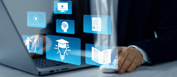 Business person who attends online lessons on a digital technology screen.E-learning education.Digital internet lessons and online webinar on virtual screen. Education internet Technology.