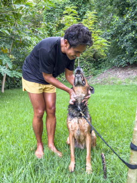 istock Man Bathing A Dog Outdoors 2166770458