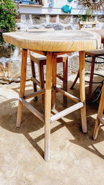 Round wooden table on the wooden floor