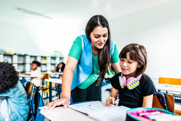 istock Teacher teaching student on classroom at school 2166782651