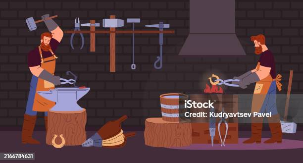 Forging Humor Forging Scene With Blacksmiths Working With Iron In Cartoon Style Stock ...