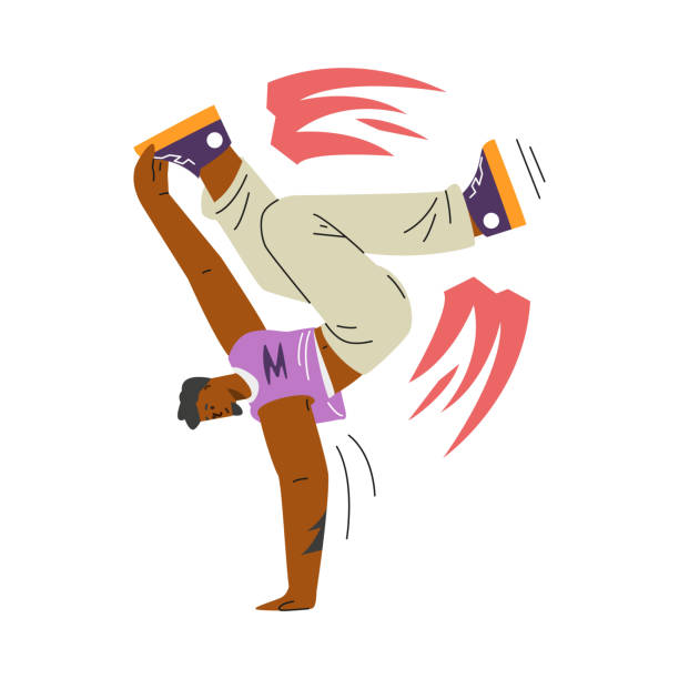 istock Break dancer handstands, breakdancer in action, vector teenager street dancer hip hop performance, cartoon boy dancing 2166788609