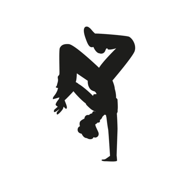 Break dancer dynamic pose black silhouette vector icon, breakdancer in handstand action, teenager hip hop performance Break dancer dynamic pose black silhouette icon. Vector breakdancer in handstand action. Teenager dancer hip hop performance. Cartoon street dance urban freestyle trend, Hip hop culture teen handstand stock illustrations