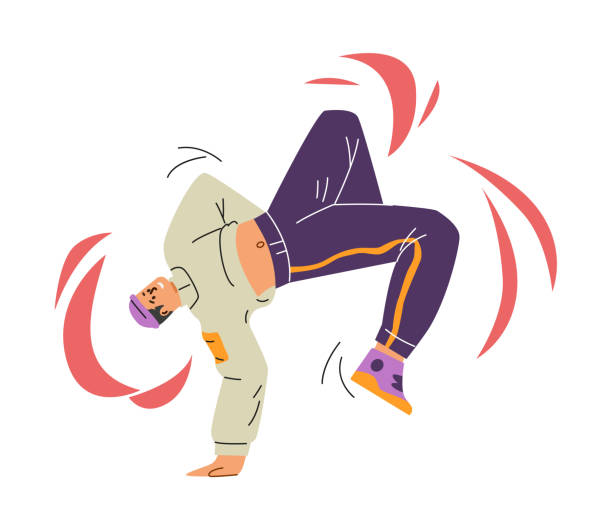 istock Break dancer in action, dynamic pose, handstand, vector teenager street dancer hip hop performance, cartoon boy dancing 2166788650