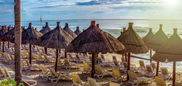 istock Panoramic view of thatched umbrellas under the Caribbean sun on a beach. 2166797169