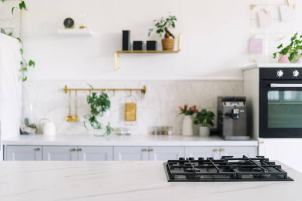 istock Modern kitchen with gas stove and plants in a stylish home interior 2166801292