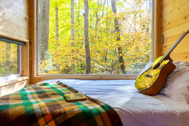 Interior of a tiny log home in autumn