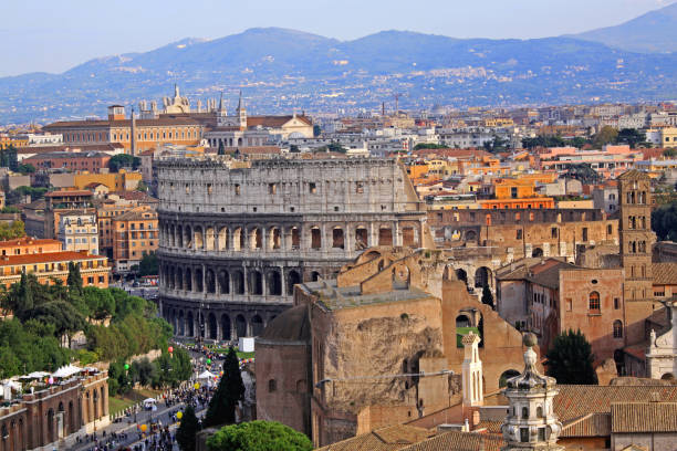 Aerial View of Colosseum Amphitheatre Wall Ruins in Rome Italy Spring Day