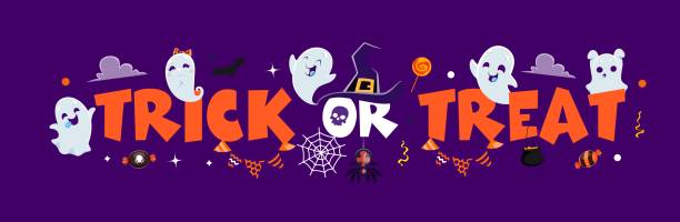 istock Trick or treat Halloween banner, ghosts, candies 2166806103