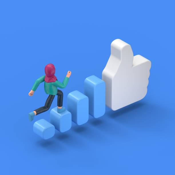 isometric 3D illustration on blue background, increase popularity on social networks,3D illustration of smiling Arab woman Ghaliyah runs up the stairs to a big like