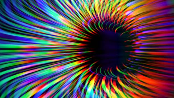 istock Abstract distortion refraction of rainbow rays and glowing particles through lens with place for your content. Transparent glare light dispersion effect of rainbow colorful dots and beams. 3d render 2166808718