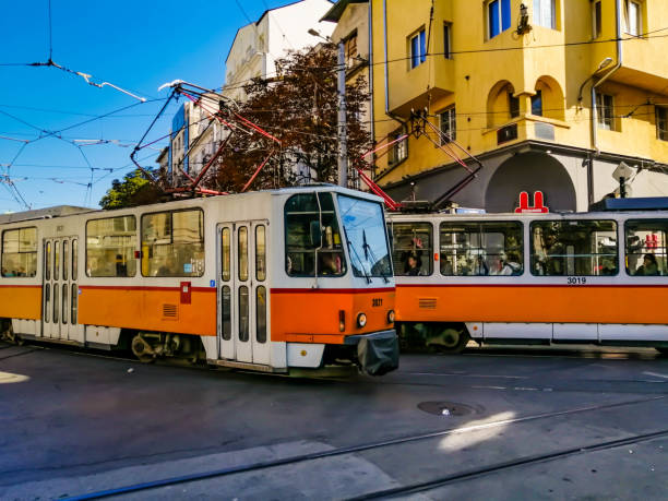 Public transport, orange trams in Sofia stock photo