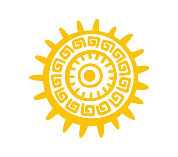Aztec Mayan totem sun symbol, ancient tribal icon Aztec or Mayan totem symbol of sun, Maya and Inca ancient tribal vector icon. Mexican culture and art of native Mayan and ethnic Aztec totem symbol of sacred sun for tribal tattoo ornament inca sculptures stock illustrations