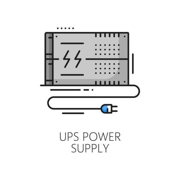 Ups power supply software color thin line icon Ups power supply software color thin line icon. Computer powering system application, digital technology software product or PC hardware maintenance or driver update line vector symbol or icon ups power supply stock illustrations