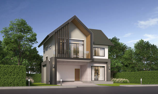 istock Modern house exterior day light with lawn grass.3d rendering 2166814855