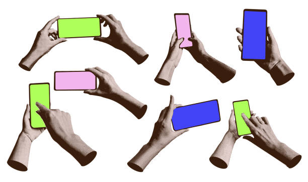 istock Set of halftone hands holding phones. Hand with smartphone with blank display. Collection of paper collage elements. Vector illustration 2166817211