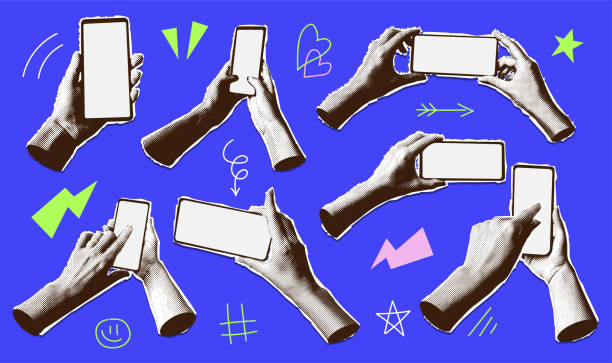 Halftone collage hands set with smartphone. Mixed media mobile phone screen, paper hands with devices and doodle elements. Vector illustration. Halftone collage hands set with smartphone. Mixed media mobile phone screen, paper hands with devices and doodle elements. Vector illustration popart hand stock illustrations