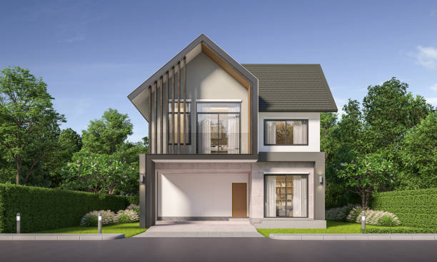 istock Modern house exterior day light with lawn grass.3d rendering 2166818662
