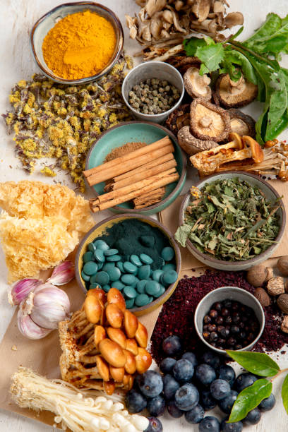 istock Adaptogen healthy food. Herb and spice collection on light background 2166825989