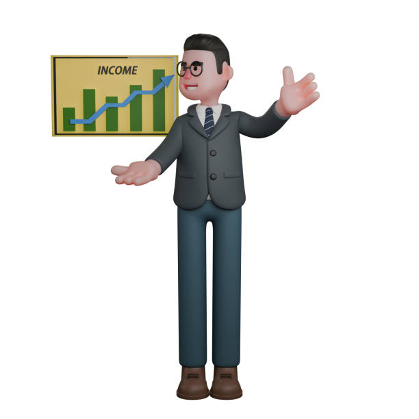 istock Professional 3D Educational Teacher. A man in formal attire is showing a board displaying a graph of income growth while turning his face to the right. Male 2166826969
