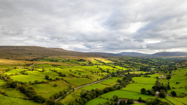 istock Aerial view of a lush green countryside with patchwork fields under a cloudy sky. 2166831500