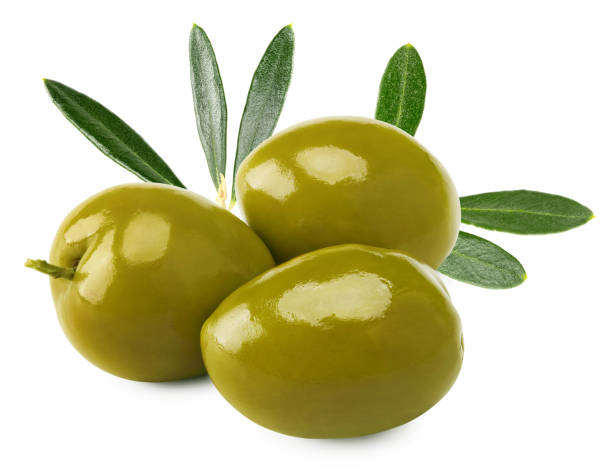 istock Marinated green olives with green leaves isolated on white background. clipping path 2166833348