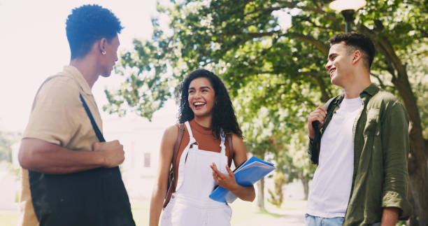 istock Students, campus and friends laughing in park for break, funny conversation and study talk. Joke, learning and happy people with backpack, smile or discussion in college for school education together 2166833471