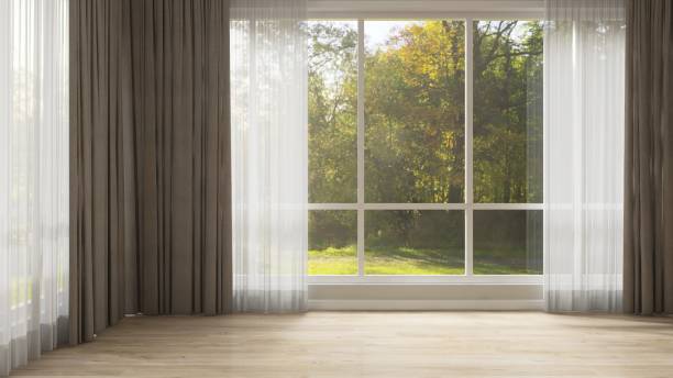 istock Empty room with double layer curtain, brown blackout and white sheer curtain in sunlight from backyard with trees on laminated parquet floor 2166833472