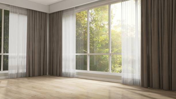 istock Empty room with double layer curtain, brown blackout and white sheer curtain in sunlight from backyard with trees on laminated parquet floor 2166833477