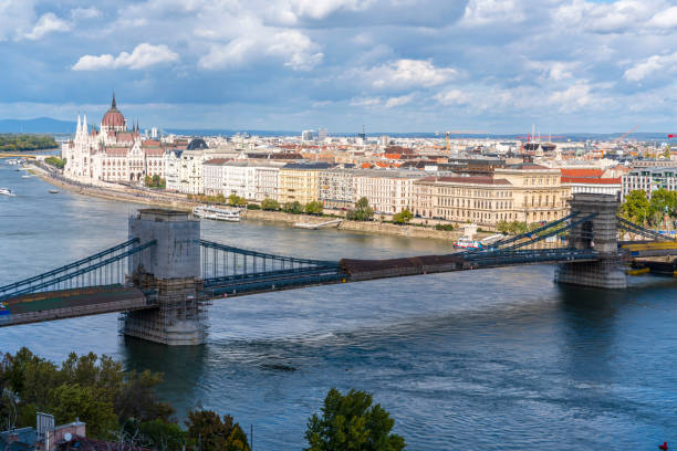 renovation structure of Chain bridge at sunrise, Budapest Hungary