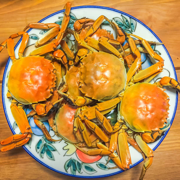 A plate of freshly steamed Chinese hairy crabs, a delicacy known for its rich and flavorful roe. Served on a traditional porcelain plate, this dish is especially popular in Chinese cuisine during the autumn season, offering a taste of the sea with a tender, juicy texture.