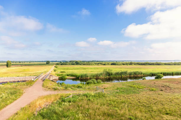 istock River with a dam on a heath landscape view 2166838606