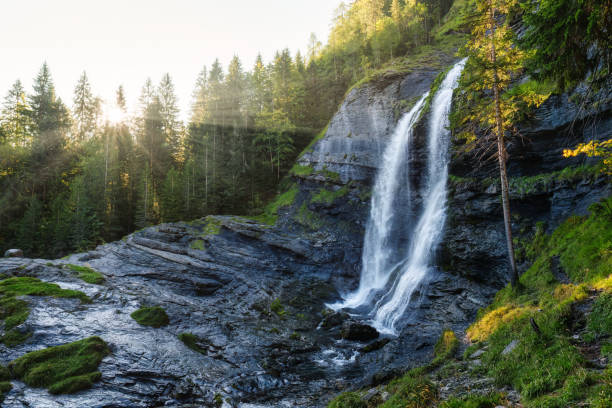 Cascade du Rouget waterfall flowing with sunshine in tropical forest among French Alps at Sixt fer a cheval, Savoie Haute, France