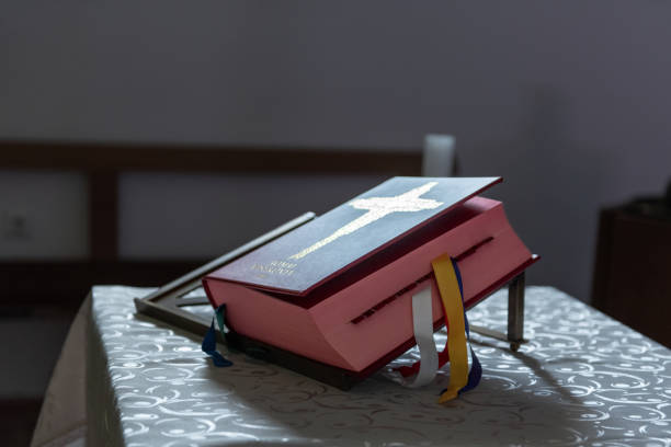 11 may 2024, Hungary, Oriszentpeter. A missal (liturgical book) on a table in the St. Peter's Church of Romanian period