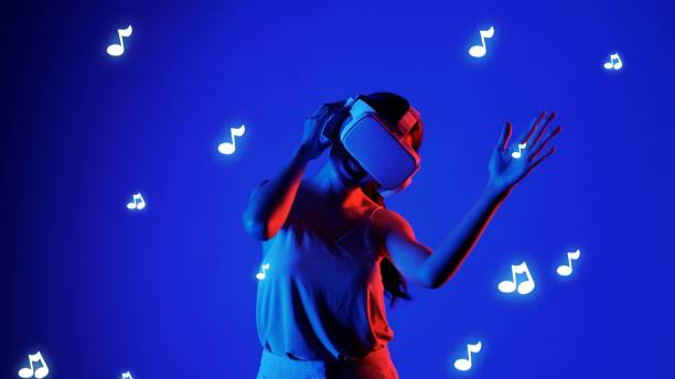 istock Woman listening with dancing in VR graphic note melody musical. Hallucination. 2166845074
