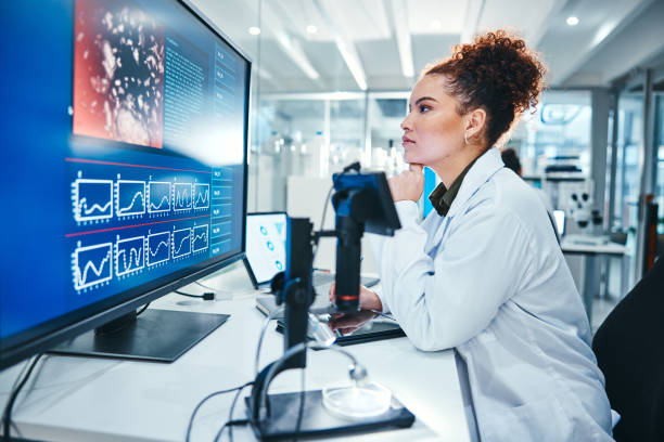 istock Computer screen, science and thinking with woman in laboratory for development, innovation or research. Analysis, display and pharmaceuticals with scientist at work on medical biology or discovery 2166845302